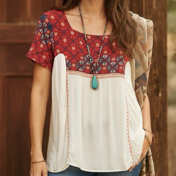 Sundance Size M Embroidered Boho Top Multicolor Red Flowy Square Neckline Blouse - Picture 1 of 7